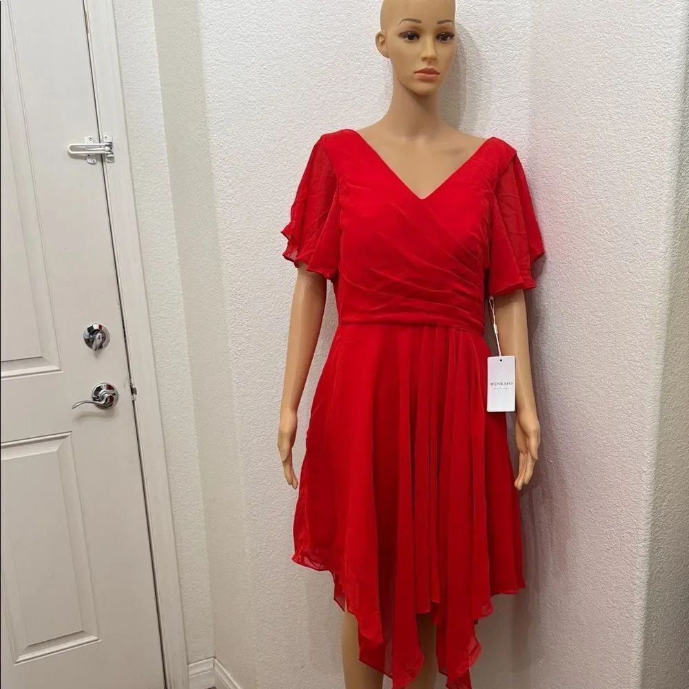Wenkafo Red Dress Asymmetrical VNeck Ruched Pleated Sheer Handkerchief Hem New